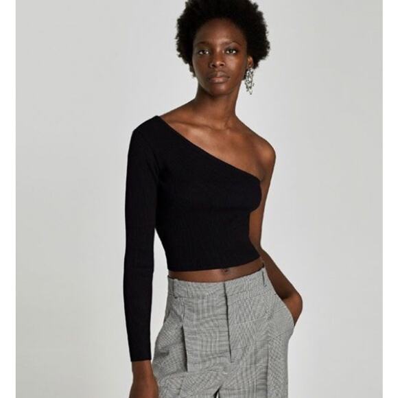 Zara Black Ribbed Knit One Sleeve Crop Top Medium Tie Side Balletcore - Picture 3 of 10